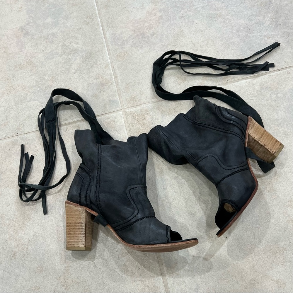 Free People Seven Wonders Leather Ankle Boots Open Toe Booties / Dark Charcoal - Picture 6 of 13